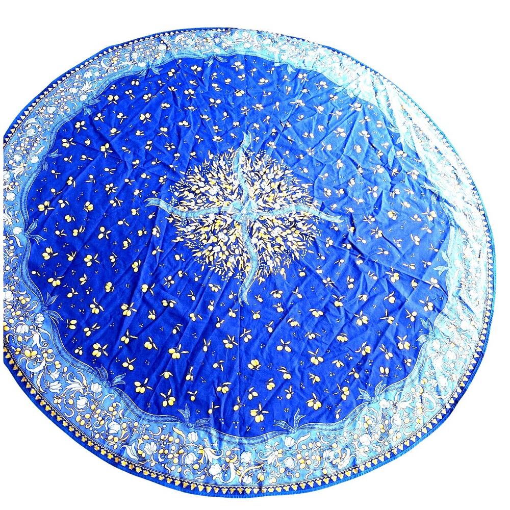 Poupees Yolande round 100% cotton tablecloth florals lemons blue and yellow